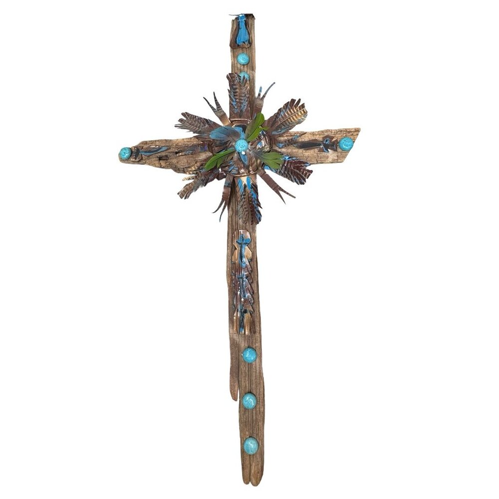 Handcrafted Southwest Cross Wood Turquoise Accents & Feather Detail By Daniel